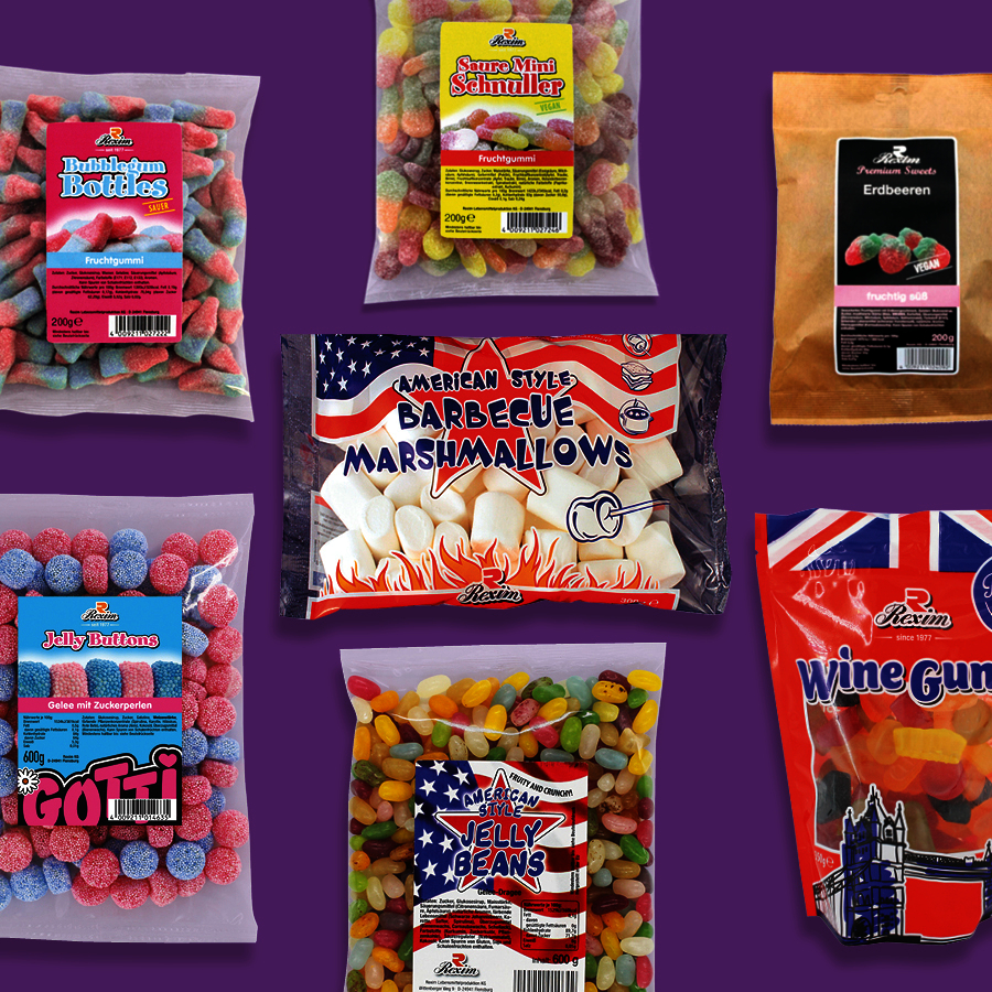 Collage mit verschiedenen Weingummi- und Marshmallowsüßigkeiten